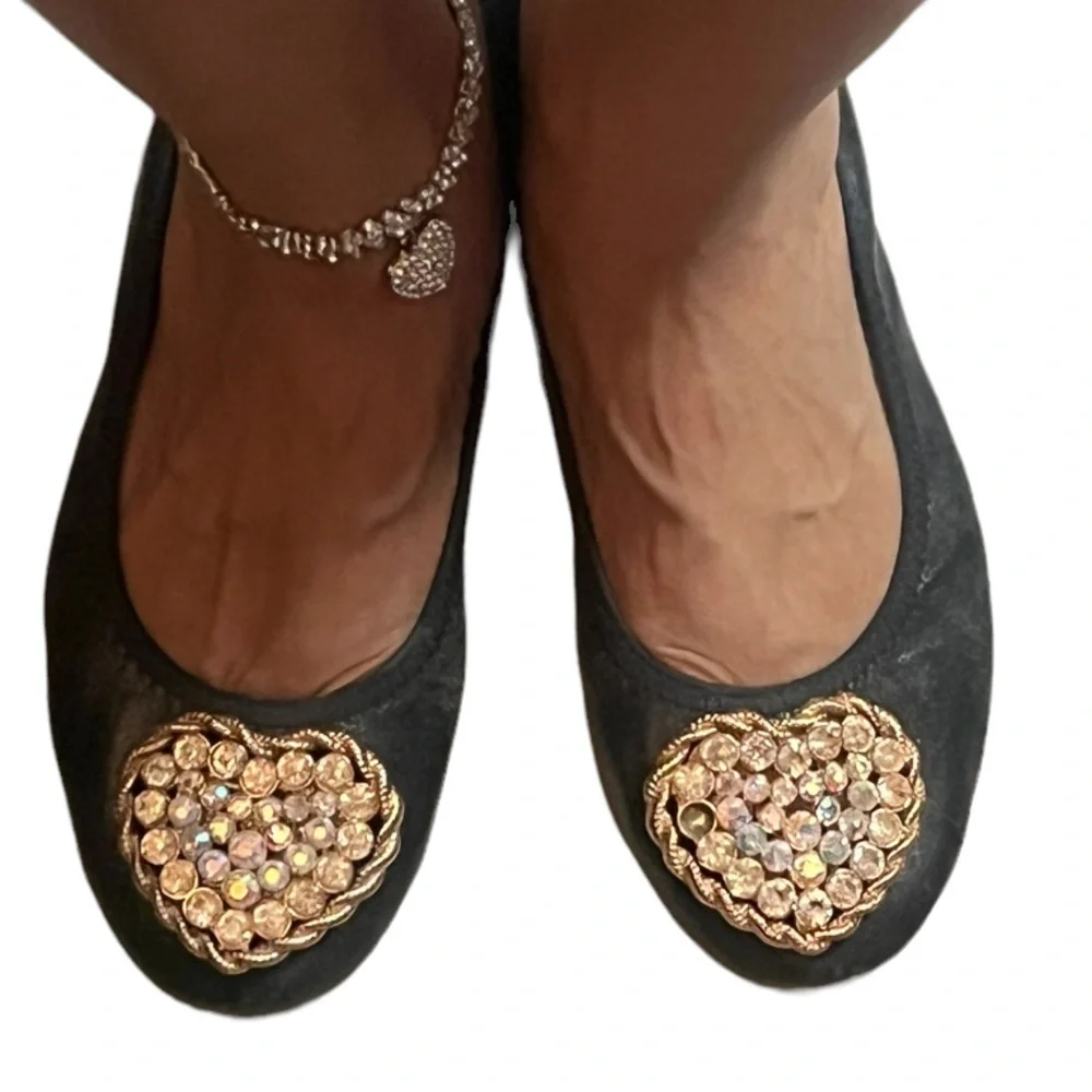 Chanel Black/Gold Leather Camellia Sz 39 EUR 9 US Beaded Scrunch Ballet Flat